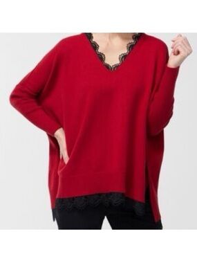 Chico’s knit crochet trim oversized tunic sweater Sz S/M Red Black dolman sleeve